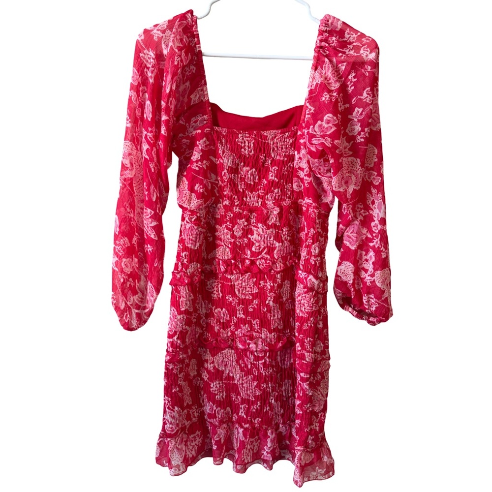 Hot‎ Pink Floral Smocked Mini Dress Puff Sleeve Cottagecore Romantic Size S - Picture 2 of 6